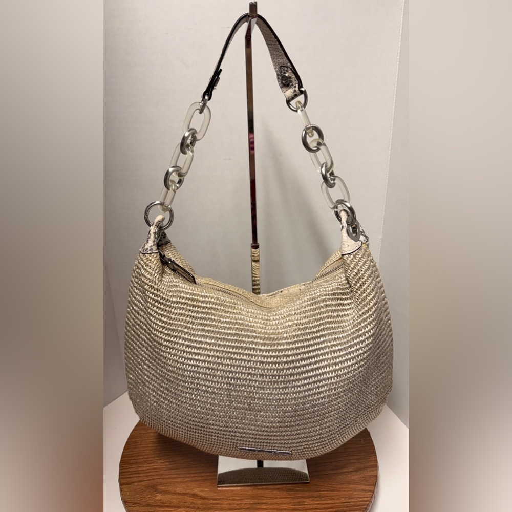 Elaine Turner Vtg Hobo Raffia Stella Shoulder Bag Lucite Stainless Snake Trim